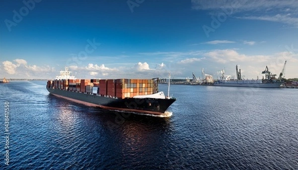 Fototapeta black container ship sailing in calm water near port of riga