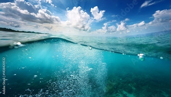 Fototapeta half underwater shot of the sea with cloudy sky turquoise water sun glare and bubbles forming a calming ocean landscape