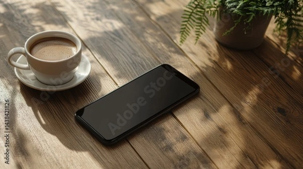 Obraz Smartphone mockup laying on a wooden table with a coffee cup beside