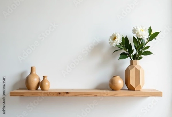 Obraz Wooden shelf with white flowers in a geometric vase and wooden decorative objects. Minimalist home decor.