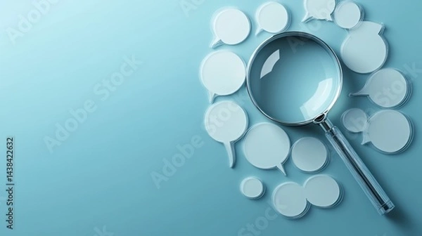 Fototapeta Magnifying glass surrounded by speech bubbles on a light blue background