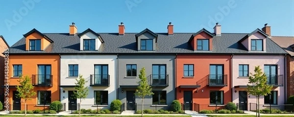 Obraz Five colorful townhouses on a sunny day. Perfect for real estate, architecture, and lifestyle websites.