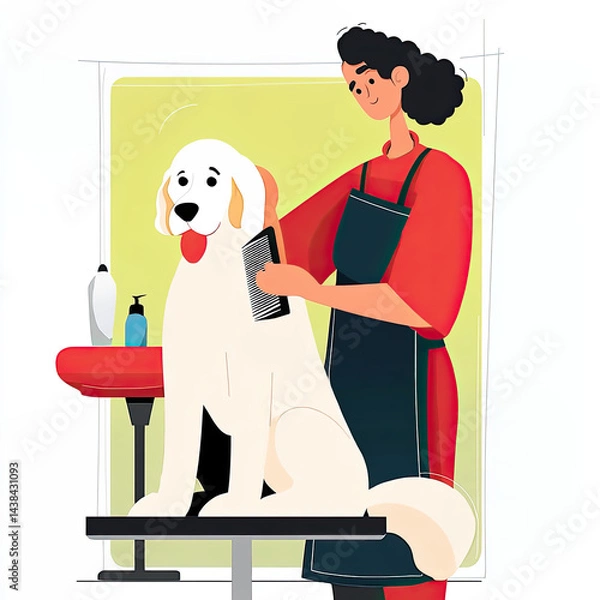 Obraz Cute Cartoon Pets Caretaker Duty, Adorable Pets Grooming Scene in Clean Minimalist Salon.