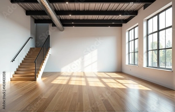 Obraz Bright and spacious empty loft apartment with hardwood floors, large windows and wooden staircase. Ideal for real estate or interior design.
