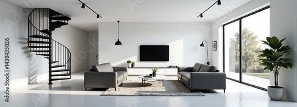 Fototapeta Modern minimalist living room interior with gray sofas, black spiral staircase, large window, and sunlight.