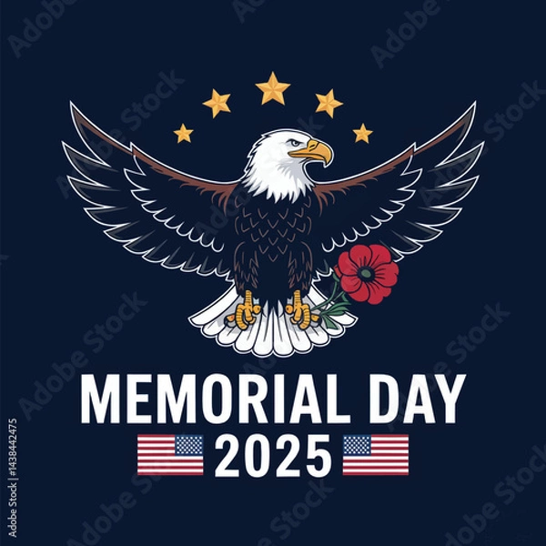Fototapeta Memorial Day 2025 Vector Illustration with Bald Eagle, American Flags, and Red Poppies