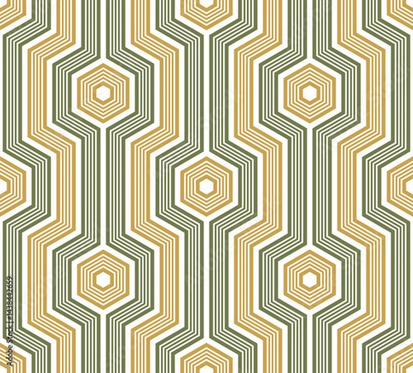 Fototapeta Seamless geometric pattern with striped vertical lines in green and yellow on a white background. Linear texture. Modern and trendy design in a simple and elegant style. abstract vector illustration.