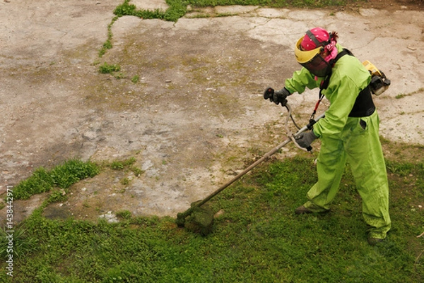 Obraz Mujer con mono verde de trabajo y protecciones de seguridad con una desbrozadora  cortando la hierba 