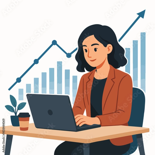 Obraz Young professional woman working on a laptop, financial chart overlay, fintech startup concept, flat vector style