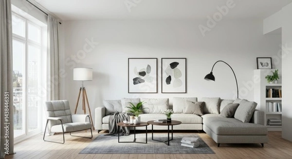 Fototapeta Stylish and bright living room in minimalist Scandinavian style with a gray corner sofa, armchair, wooden coffee tables and abstract paintings on a white wall. Modern and cozy interior for relaxation