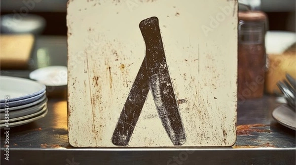 Obraz Kitchen Knife Placed on a Wooden Table Beside a Rustic Wall With an Artistic Letter A Design Created Using Wood