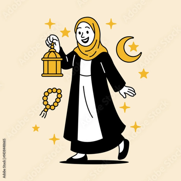 Fototapeta A joyful woman holding a lantern and smiling Vector illustration For Eid Al Adha Mubarak