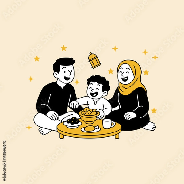Fototapeta A happy family sitting together and sharing a meal for Eid Vector illustration For Eid Al Adha Mubarak
