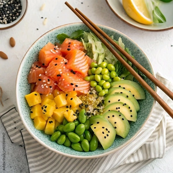 Obraz *Vibrant overhead shot of healthy poke bowl**, filled with salmon, avocado, edamame, mango, and sesame seeds, served with chopsticks.