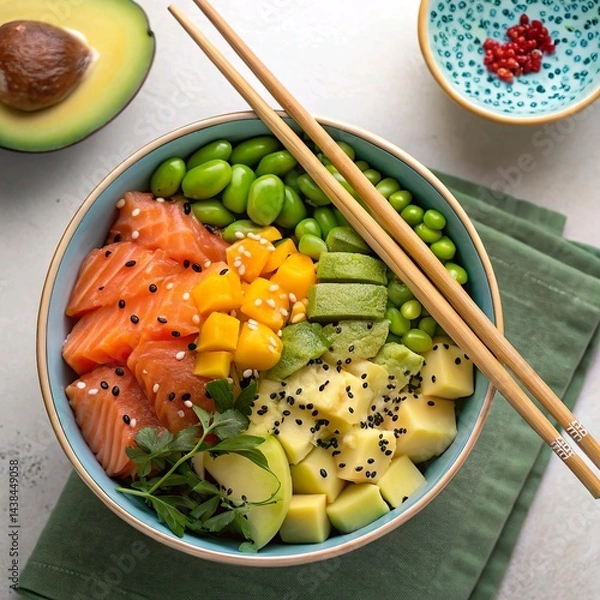Obraz *Vibrant overhead shot of healthy poke bowl**, filled with salmon, avocado, edamame, mango, and sesame seeds, served with chopsticks.