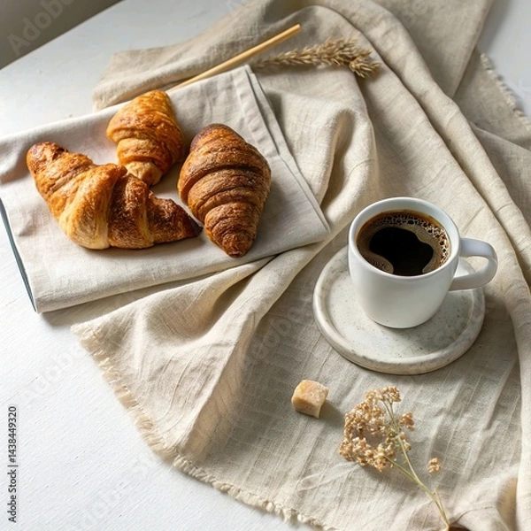 Obraz **Minimalist flat lay of croissants and coffee**, styled on a neutral-colored linen napkin with soft morning light.