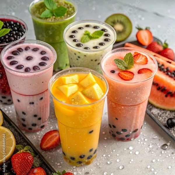 Obraz **Top-down shot of colorful bubble tea varieties**, featuring tapioca pearls, fruit slices, and condensation on glasses.