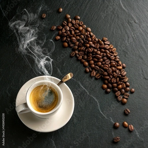 Obraz **Minimalist flat lay of espresso & coffee beans**, with steam rising from a cup, set on a dark textured background.