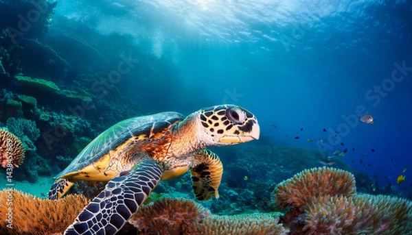 Fototapeta hawksbill sea turtle and coral reef
