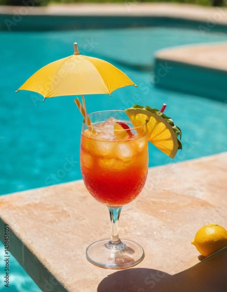 Fototapeta Close-up of a hand holding a refreshing tropical drink with ice cubes and a mini umbrella, sparkling pool water in the background, sunny day, vacation vibes.