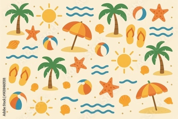 Fototapeta Vibrant Beach Pattern Art with Sun, Waves, and Tropical Elements