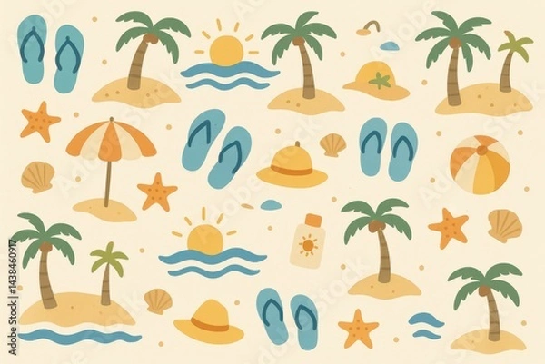 Fototapeta Vibrant Beach Pattern with Sun, Palm Trees and Summer Accessories