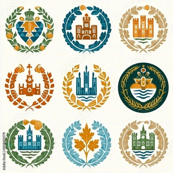 Fototapeta Collection of artistic emblems showcasing architectural landmarks and nature themes
