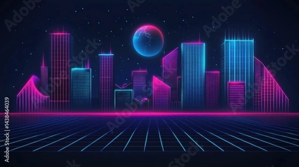Fototapeta Neon City Skyline with Planet Earth and Starry Night Background