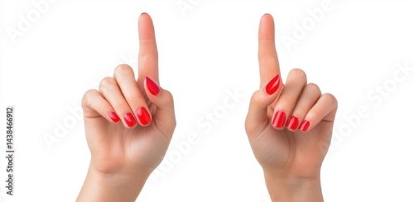 Fototapeta Hands with red manicured nails displaying number one gesture sign