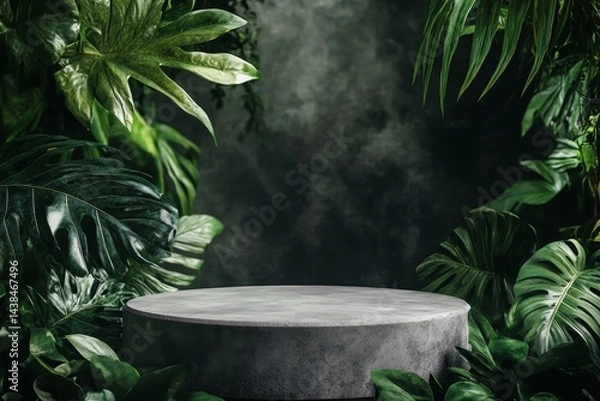 Fototapeta Empty round stone podium surrounded by lush greenery