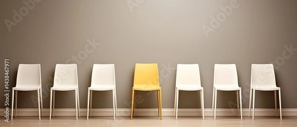 Obraz Row of white chairs with one yellow chair; grey wall and wood floor