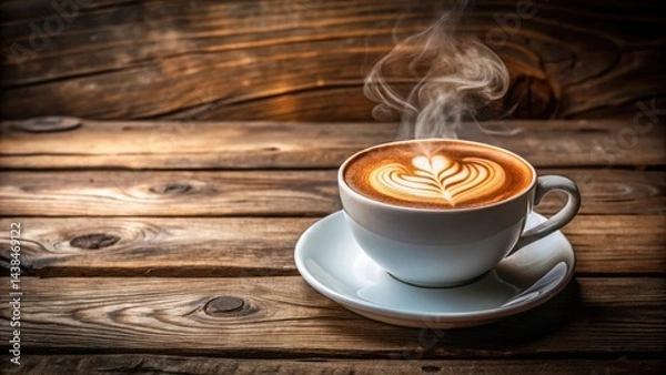 Fototapeta A steaming cup of latte art on a rustic wooden surface, a perfect morning pick-me-up.