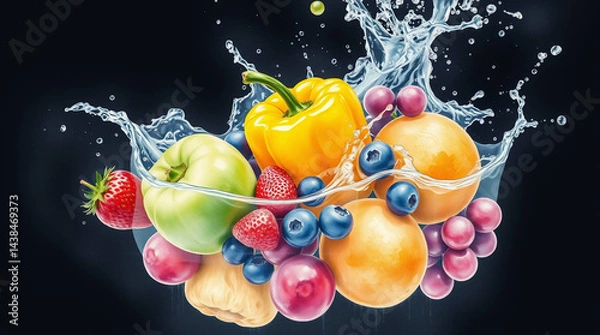 Fototapeta A Vibrant Symphony of Fresh Fruits and Vegetables Celebrating Nature’s Colorful, Juicy, and Lively Bounty