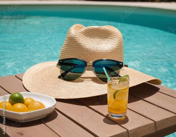 Fototapeta Luxury poolside scene with an empty lounge chair, straw hat, sunglasses, and a cold drink placed on a small table, turquoise water, calm summer afternoon, bright lighting.