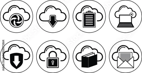 Fototapeta Cloud Computing Icons Depicting Various File Management and Security Actions, set of vector icons for web design