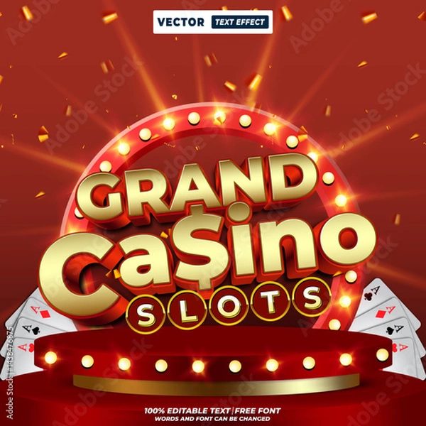 Obraz Grand casino slots 3d editable text effect vector. Editable typography for vegas slots games, poker, dice, cards, jackpot, and lucky winner themes.