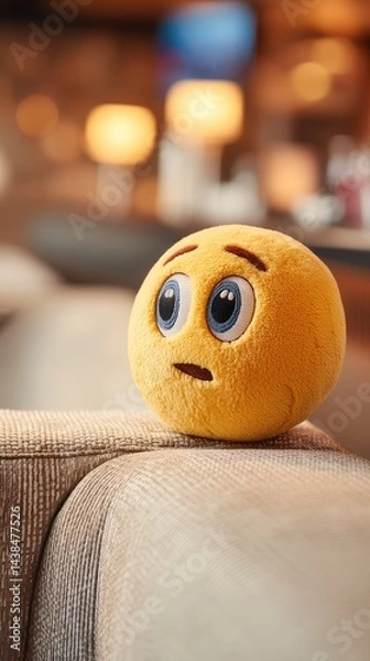 Fototapeta Yellow plush emoticon, puzzled expression, resting on a couch