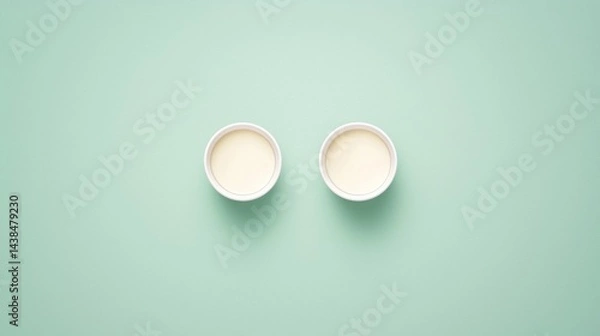 Obraz Two white cups filled with a pale yellow liquid sit side by side on a light green background.