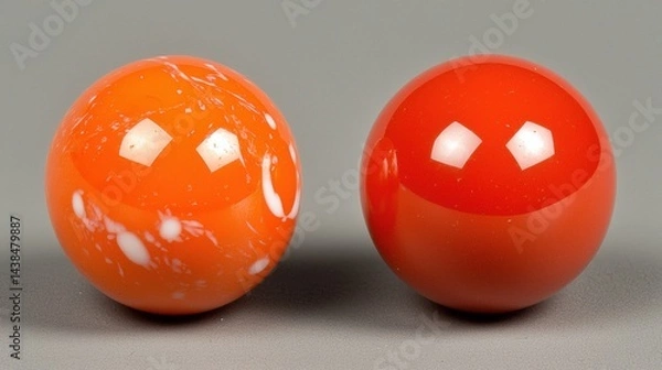 Obraz Two spheres, one orange with white spots and the other red, are positioned side by side against a gray background.