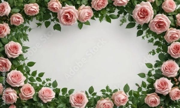 Fototapeta Elegant rose bloom with lush green leaves creating a natural frame, isolated on white ,  design,  spring,  leaves