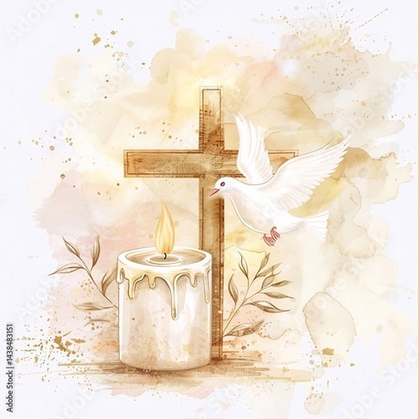 Obraz Flying dove birds with cross for baptism or first communion card Isolated on watercolor green splashes stains background