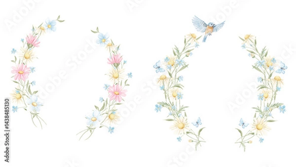 Fototapeta Wreaths, Meadow frame, Watercolor Birds, Butterflies, Baby Shower, Sublimation Elements, Tiny Flowers, Wedding clip art, Hand painted