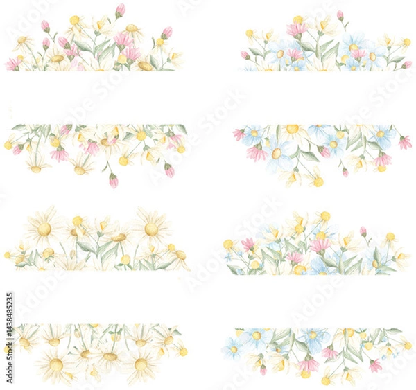 Fototapeta Wreaths, Meadow frame, Watercolor Birds, Butterflies, Baby Shower, Sublimation Elements, Tiny Flowers, Wedding clip art, Hand painted