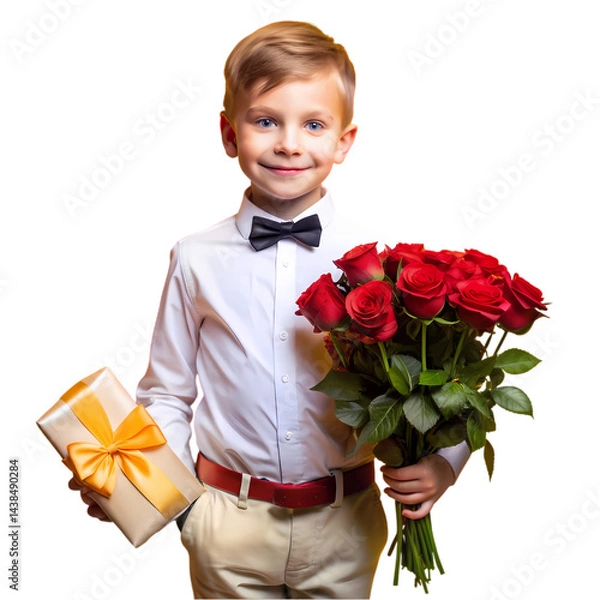 Obraz Adorable Boy with Roses and Gift Perfect Valentines Day Image isolated on transparent background