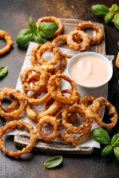 Obraz Deep fried onion rings on wooden board with sauce