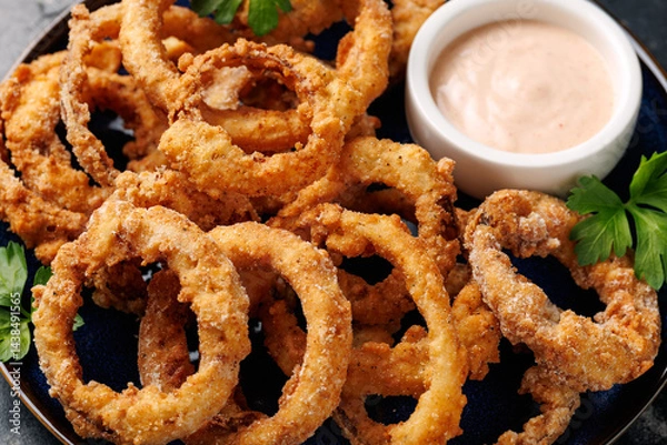 Obraz Homemade deep fried onion rings on plate with sauce.