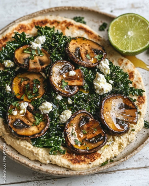 Obraz Roasted Mushroom and Kale Hummus Flatbread