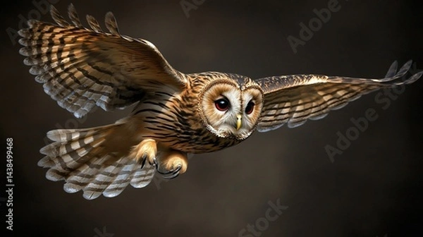Fototapeta Owl in flight with spread wings, red eyes, against a blurred backdrop
