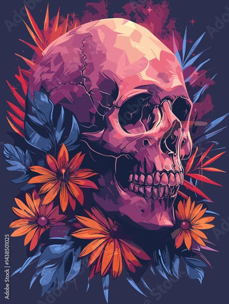 Obraz Skull is surrounded by flowers and leaves