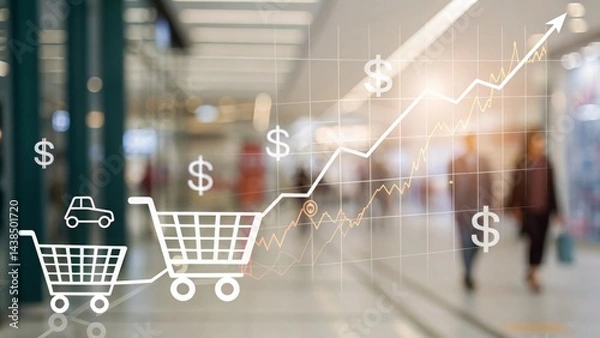 Obraz E-commerce growth, sales and trends concept. Abstract illustration of shopping carts and financial growth on a blurred background.